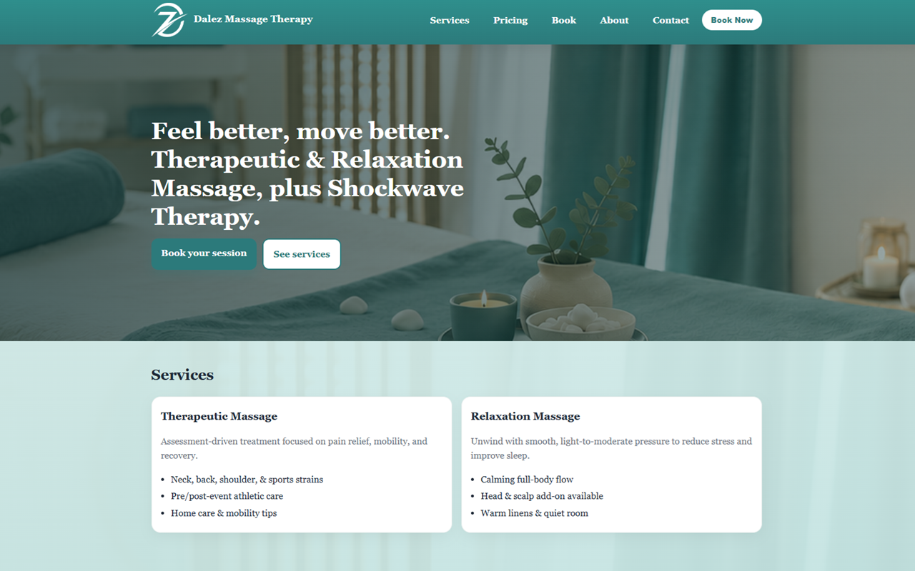 Dalez Massage Therapy website homepage