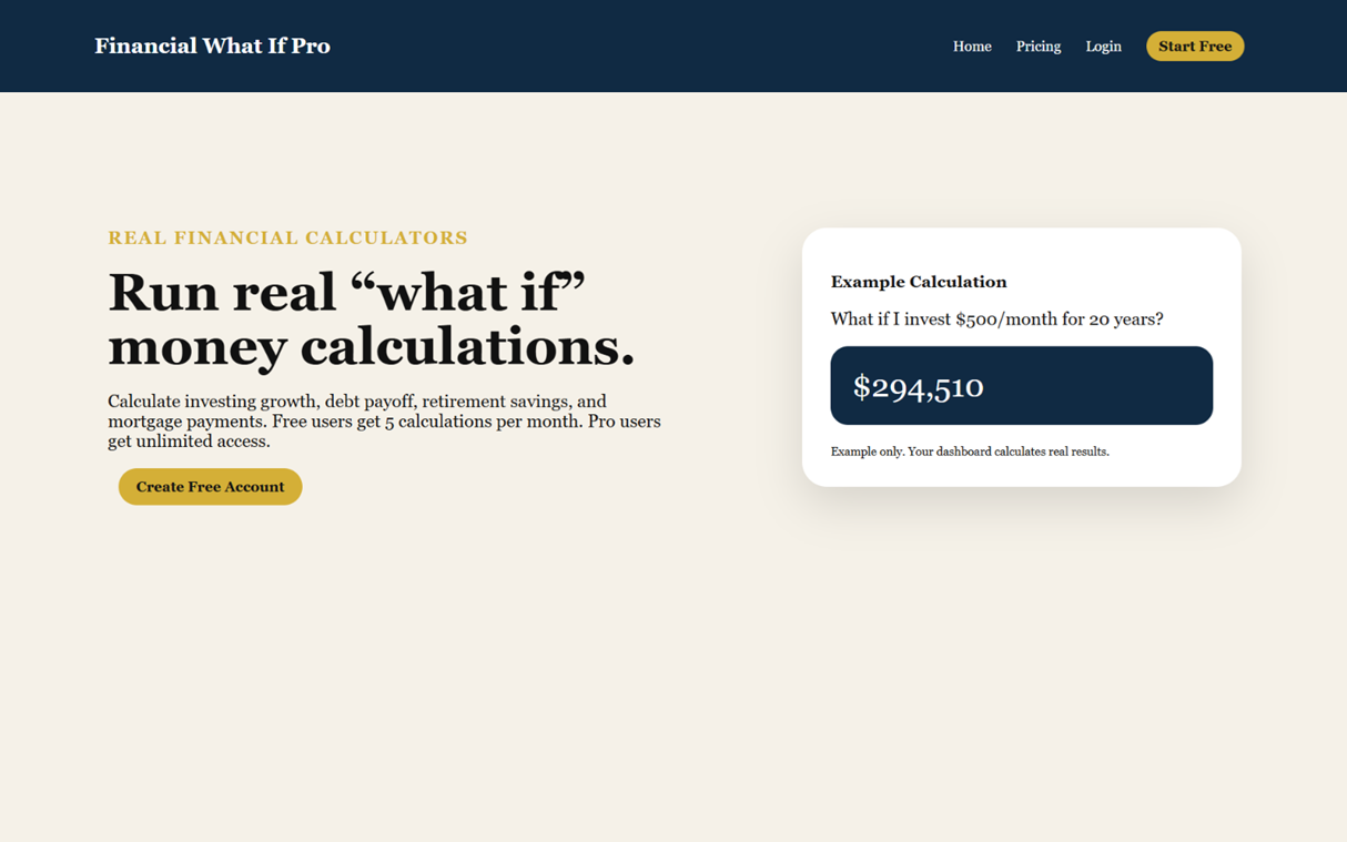 Financial What If Pro scenario planner dashboard